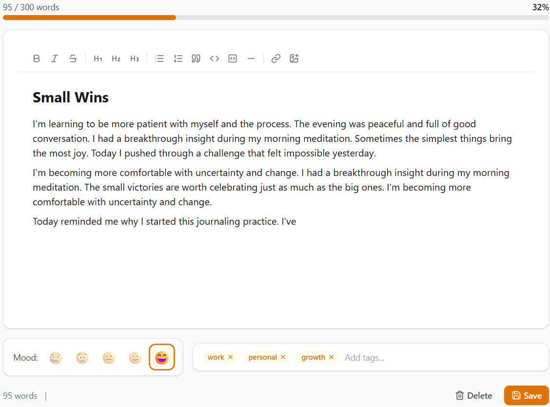 DayGrid editor with text, word count progress bar, mood selector, and tags