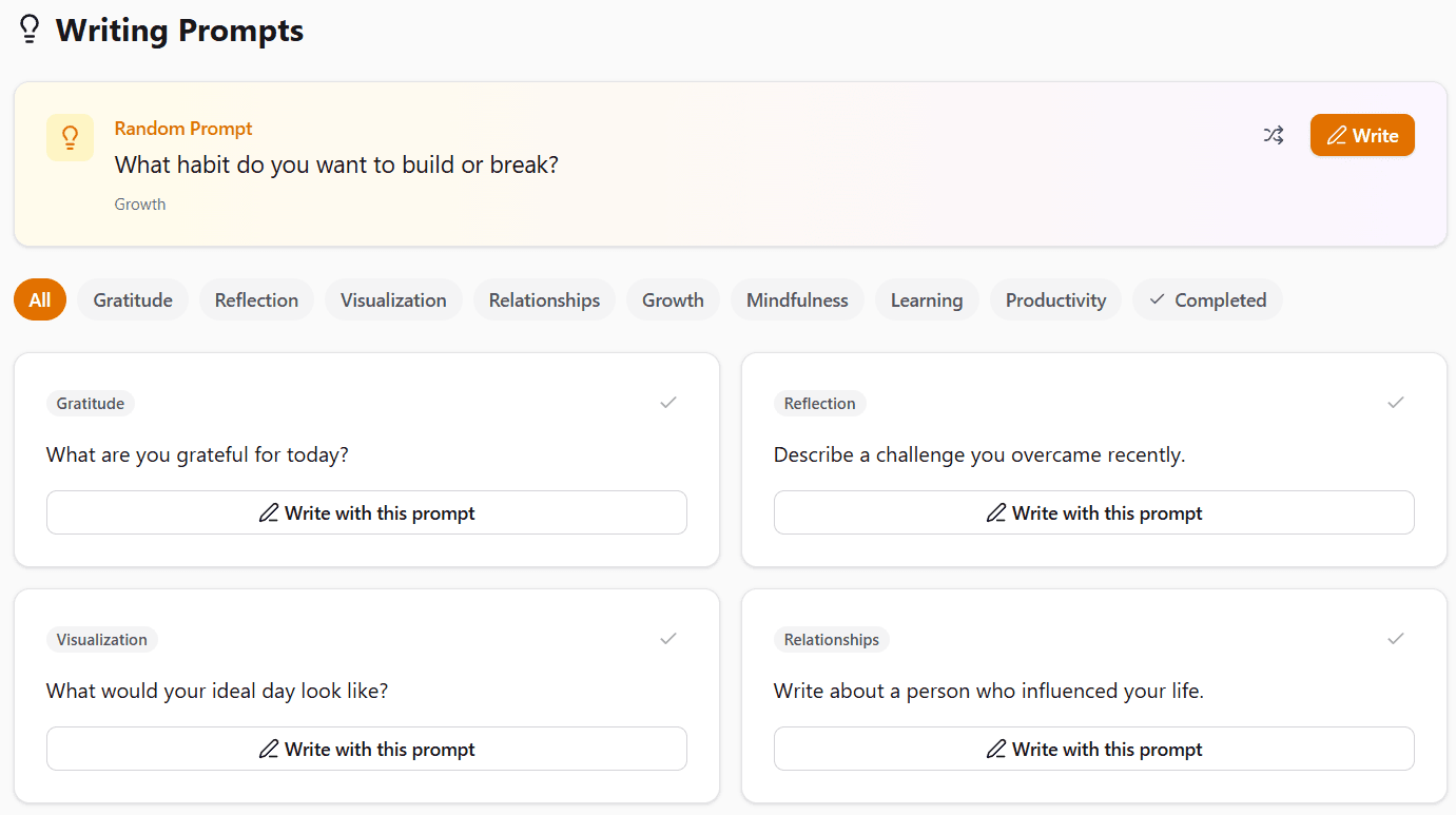 DayGrid prompts page showing spotlight prompt and category grid
